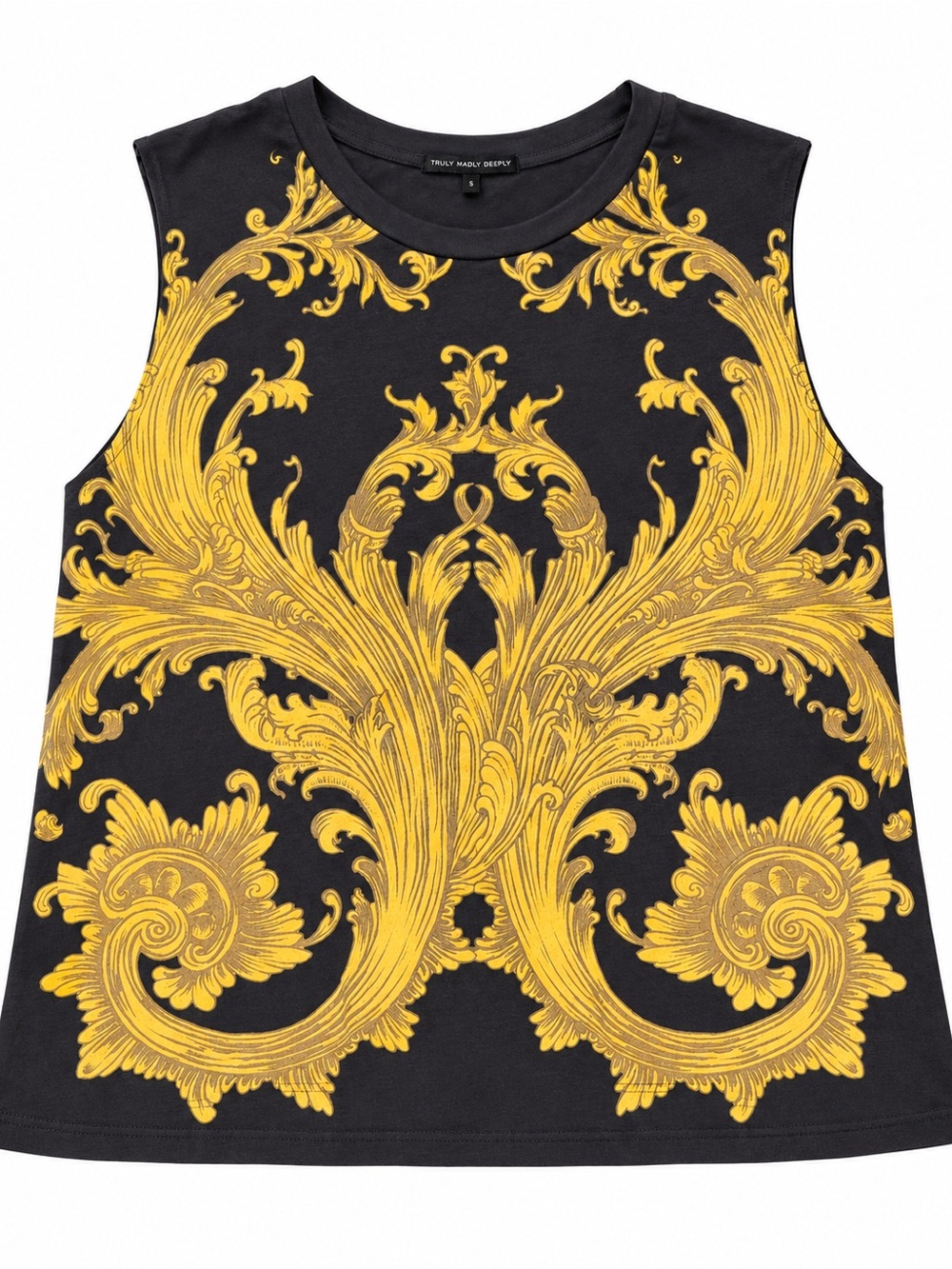 Truly Madly Deeply Black Tank Top with Bold Gold Baroque Print